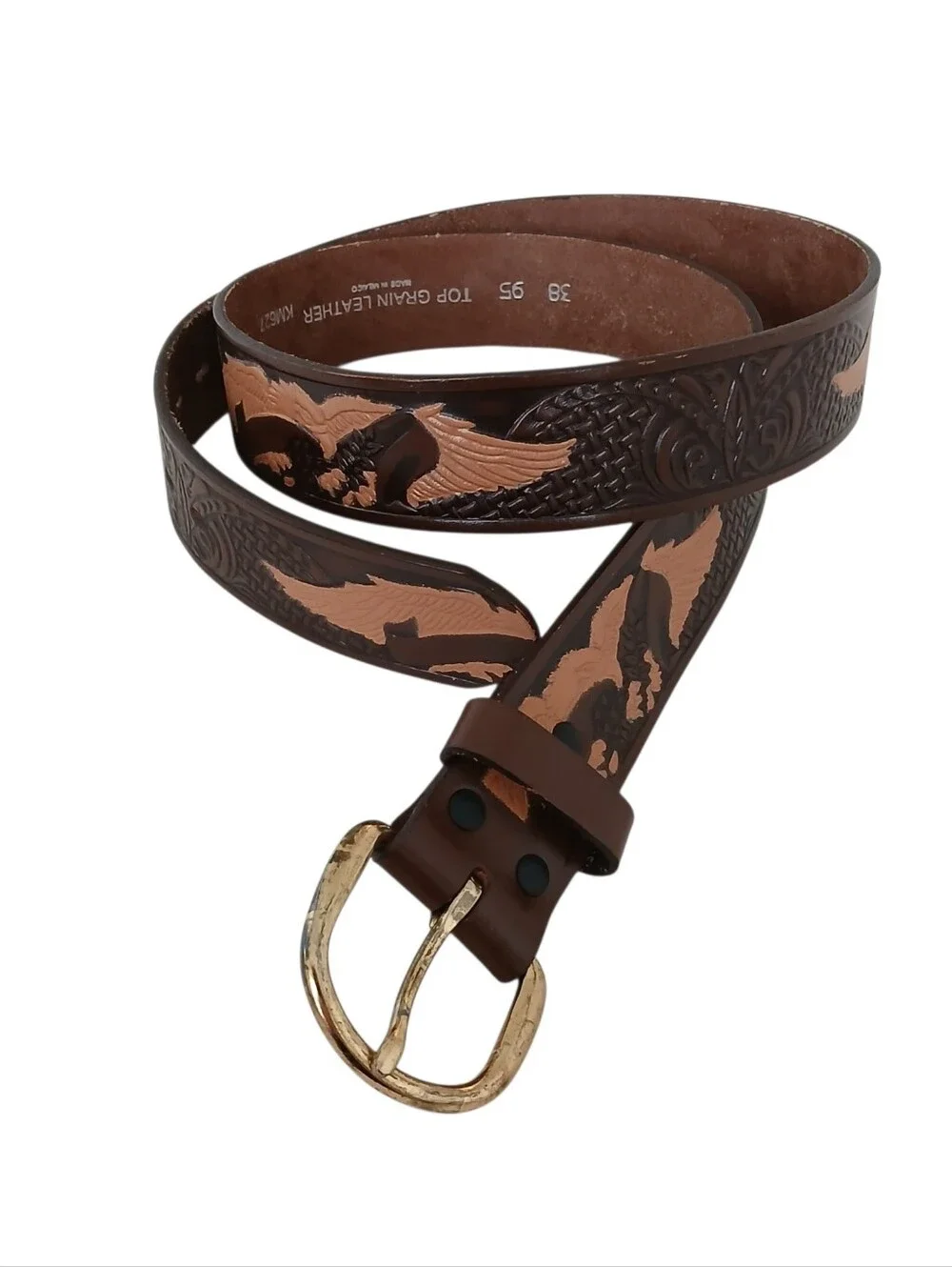 Top Grain Leather Tooled Eagle Western Belt Brass Buckle Men's 38 Brown Patriot